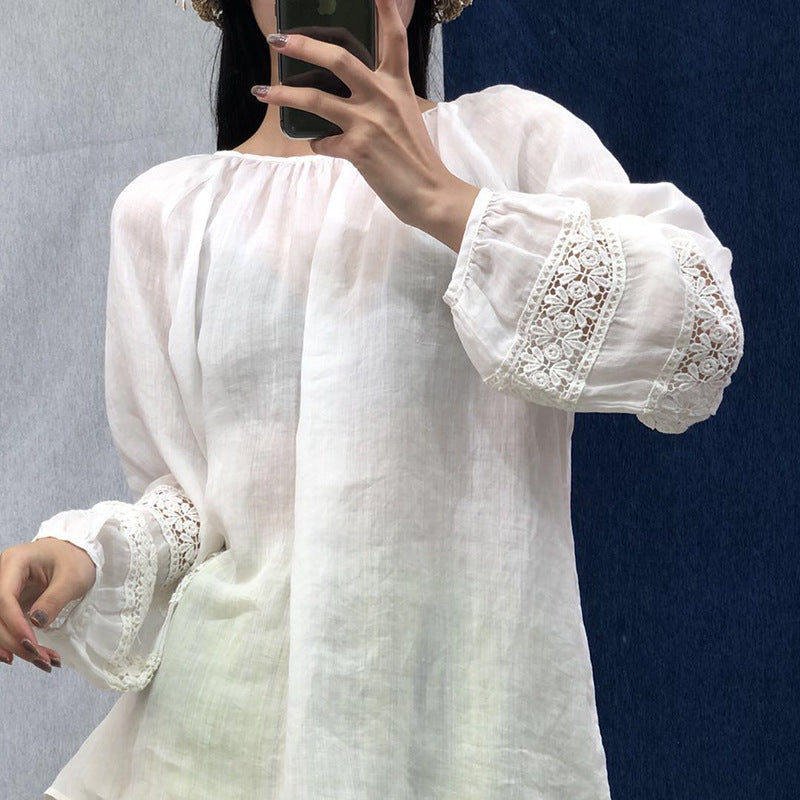 Pure fine ramie round neck French lace sleeves loose fit soft shirt