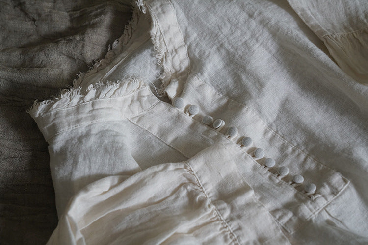 Original design pure washed linen ruffle collar long-sleeved shirt
