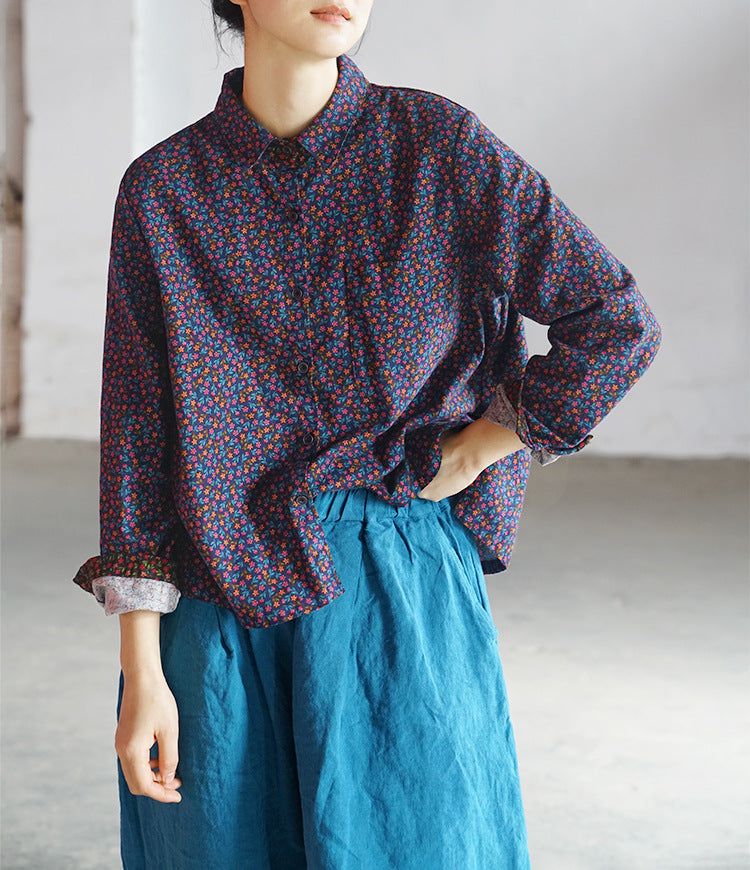 Original design brushed cotton floral loose colour block shirt