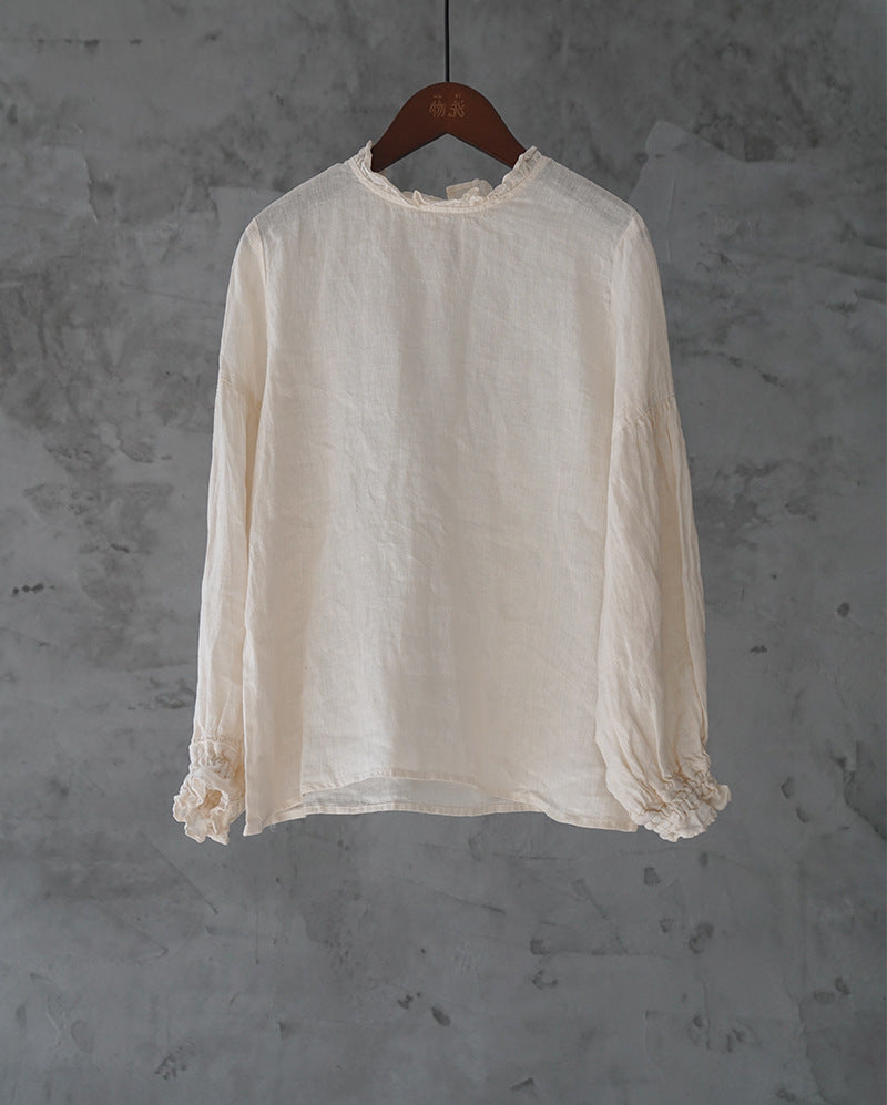 Pure linen ruffle Neck retro French style sleeves blouse