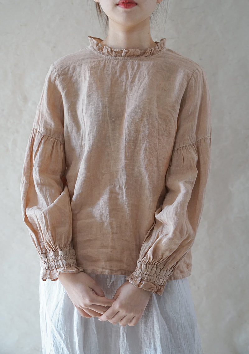 Pure linen ruffle Neck retro French style sleeves blouse