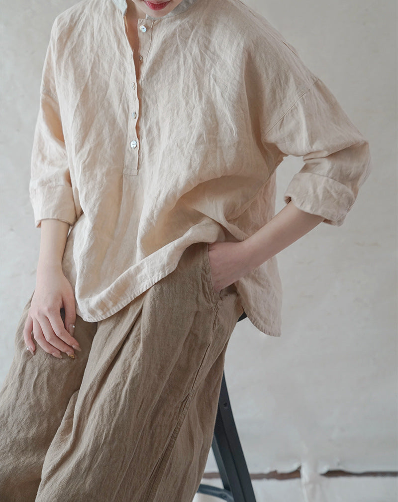 Original design washed pure linen loose fit blouse