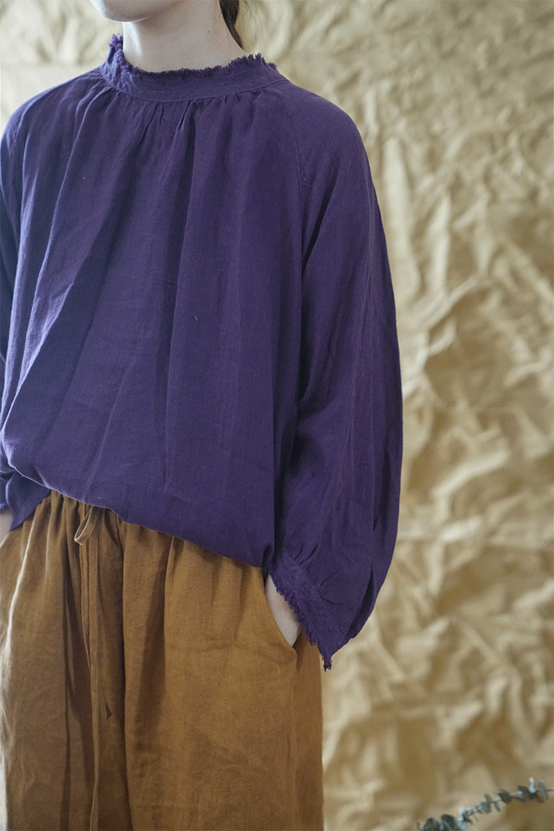 Original design frayed distressed high-neck linen blouse