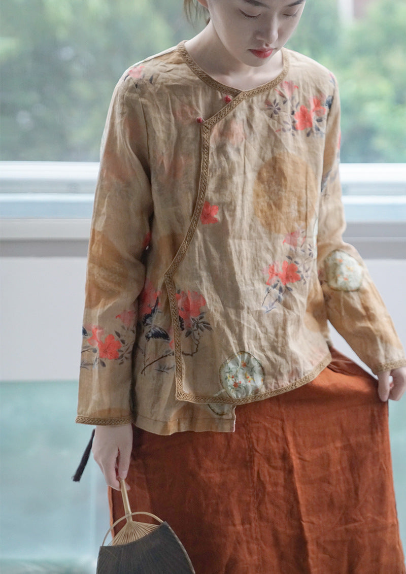 Original design diagonal digital print linen retro Zen blouse