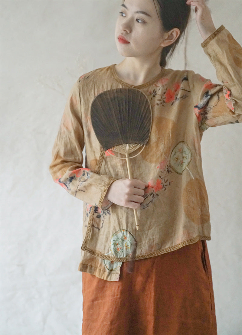 Original design diagonal digital print linen retro Zen blouse