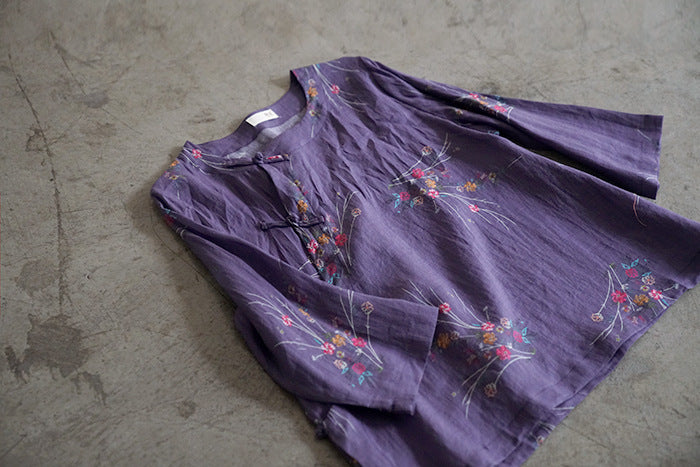 Original design retro ramie floral print diagonal blouse