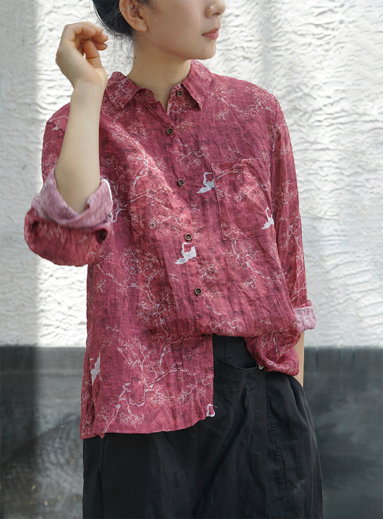 Original design pure ramie print floral thin shirt