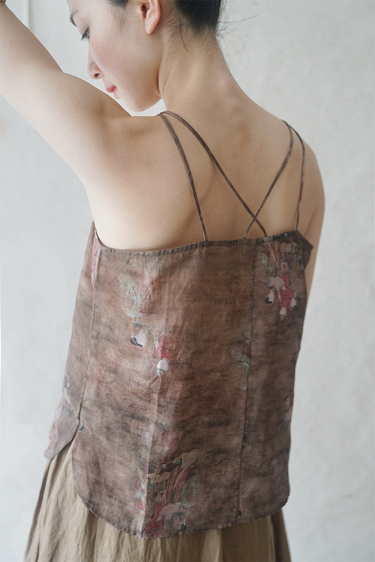 Original Chinese style printed ramie short sling