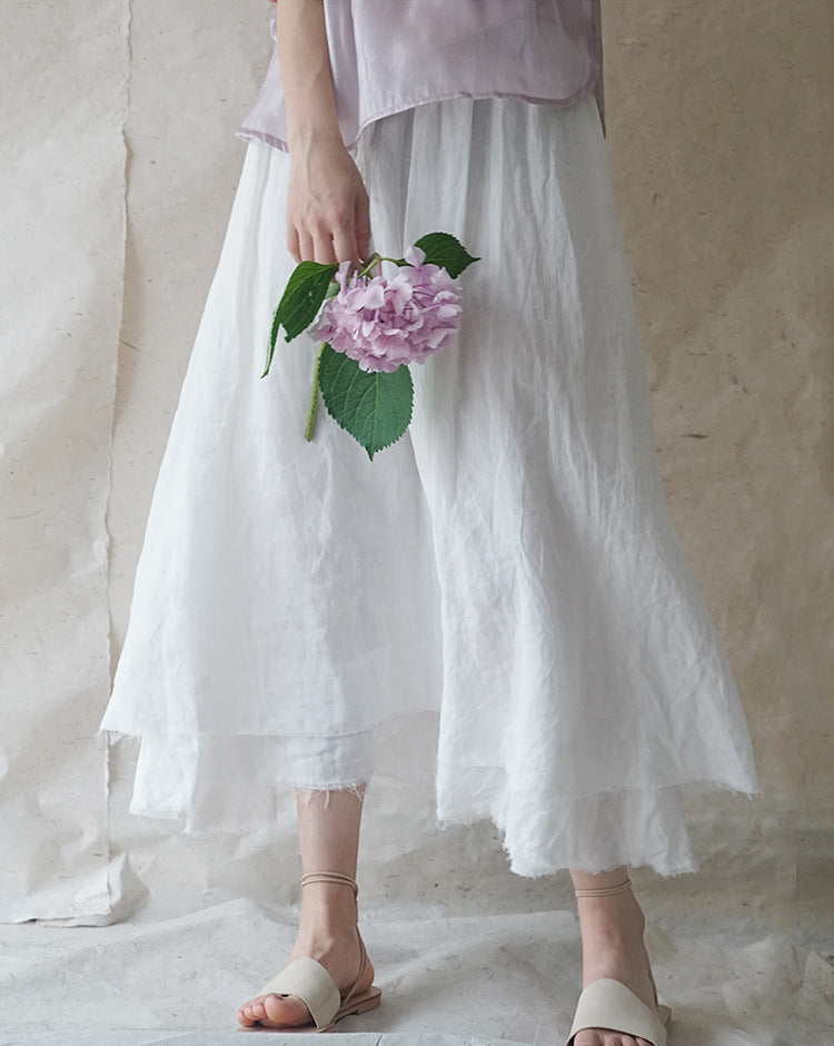 Elegant white fine ramie retro frayed double layer big swing skirt
