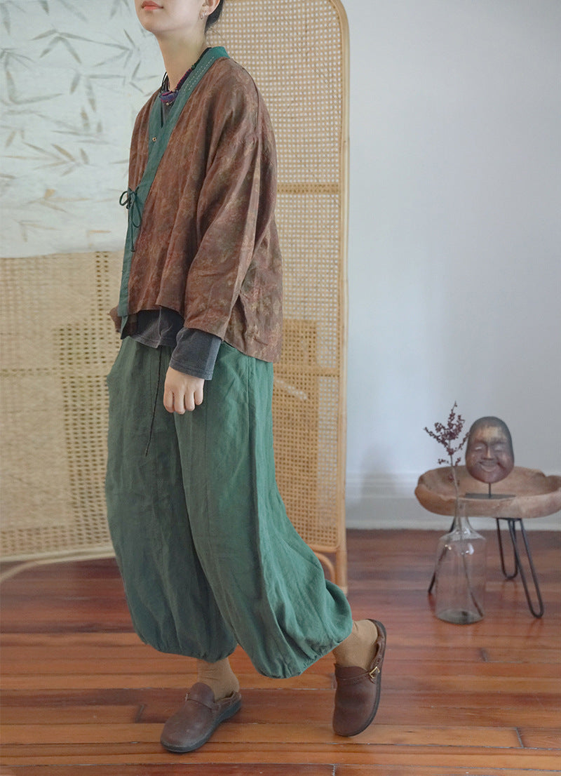 Original design washed distressed thick Linen loose fit cropped pants