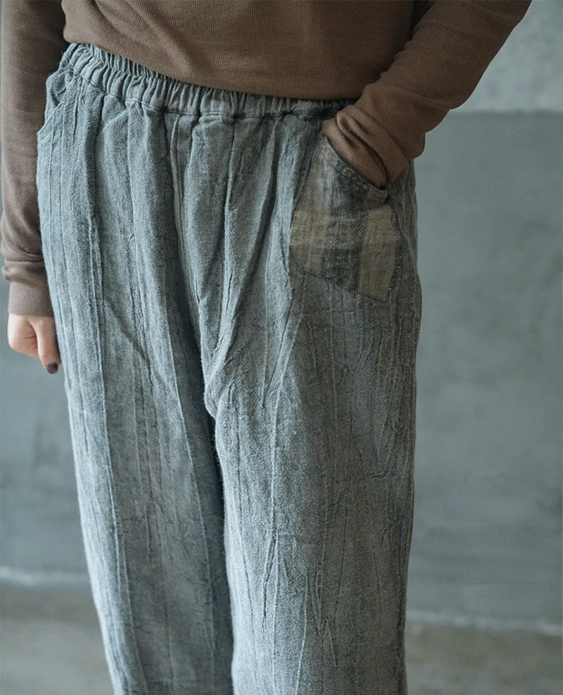 Original Design Crumpled Warm Padded Linen Pants