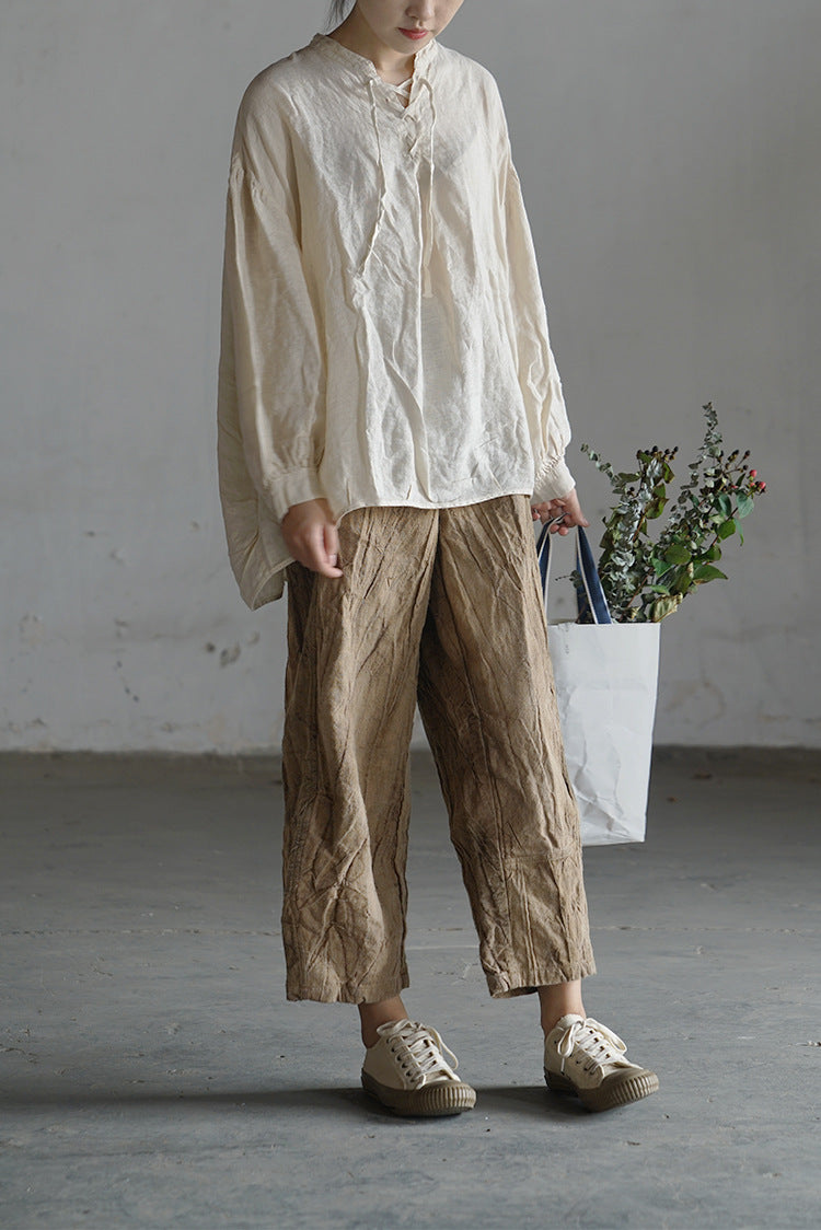 Original crumpled retro washed linen double layer cropped pants