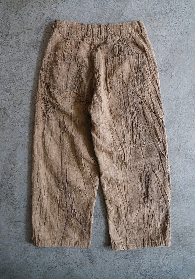 Original crumpled retro washed linen double layer cropped pants