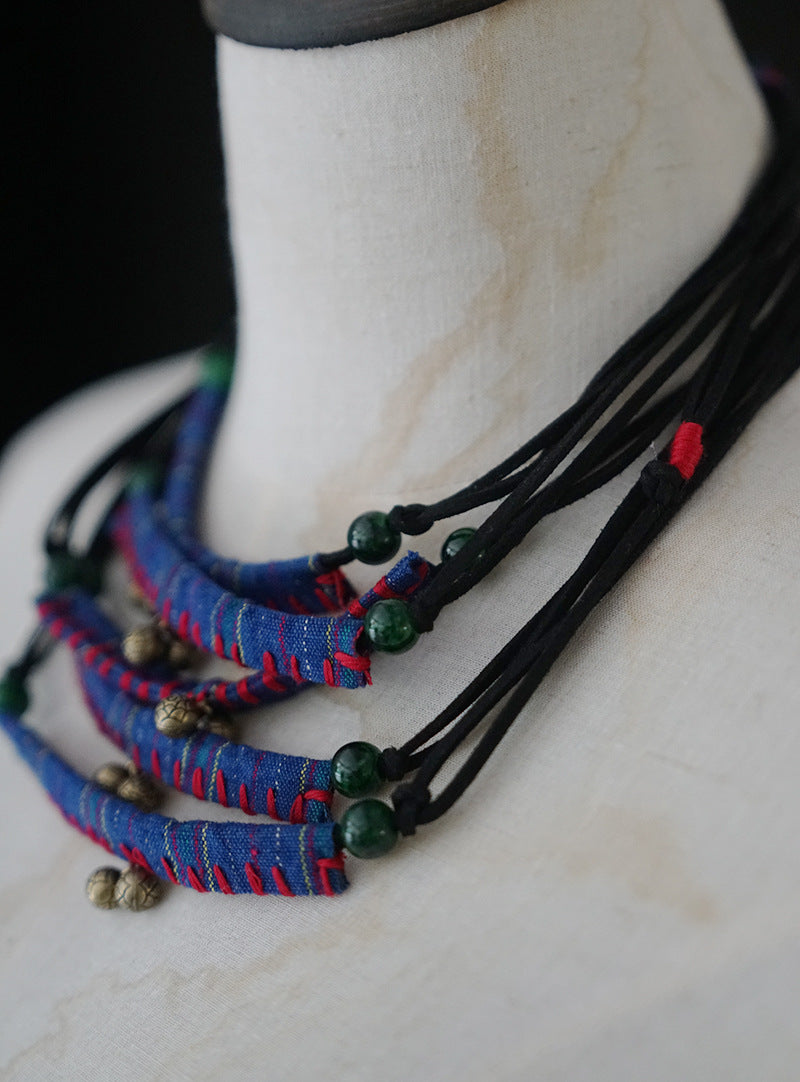 Original design vintage hand-embroidered drawstring fabric necklace