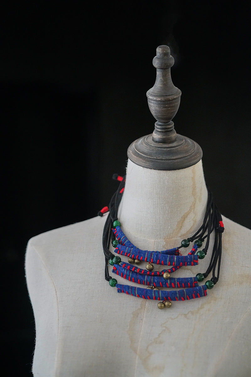 Original design vintage hand-embroidered drawstring fabric necklace