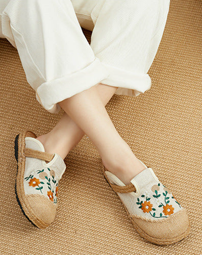 Linen round big head embroidered floral flat slippers