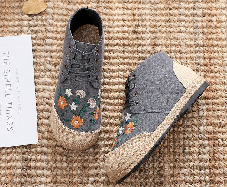 Embroidered sunflower cotton and linen lace-up fisherman shoes