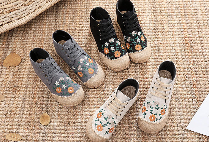 Embroidered sunflower cotton and linen lace-up fisherman shoes