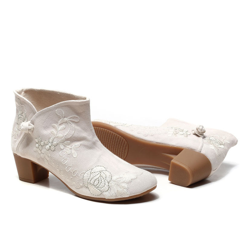 Retro linen and cotton thick heel embroidered short boots