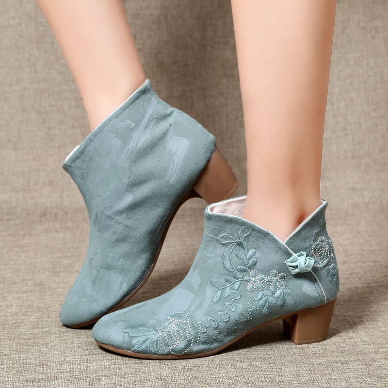 Retro linen and cotton thick heel embroidered short boots