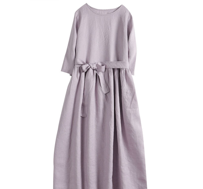 Mori style half sleeved pure linen waistband with pockets long dress