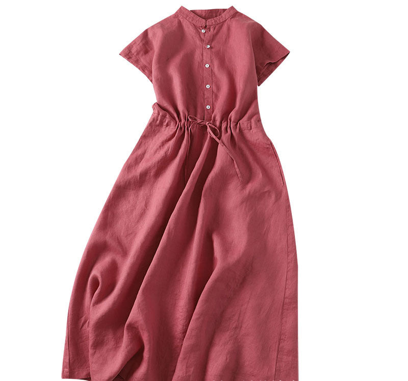 Pure linen lapel short sleeve waist drawstring dress