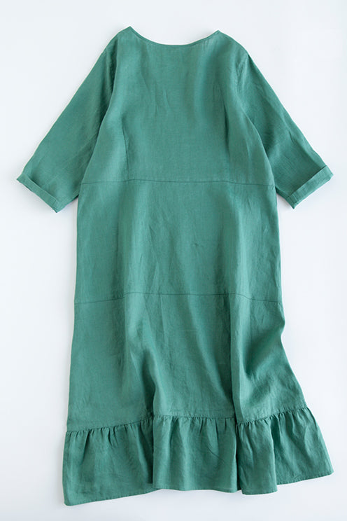 Thin Pure linen V-neck half-sleeve mori splicing dress