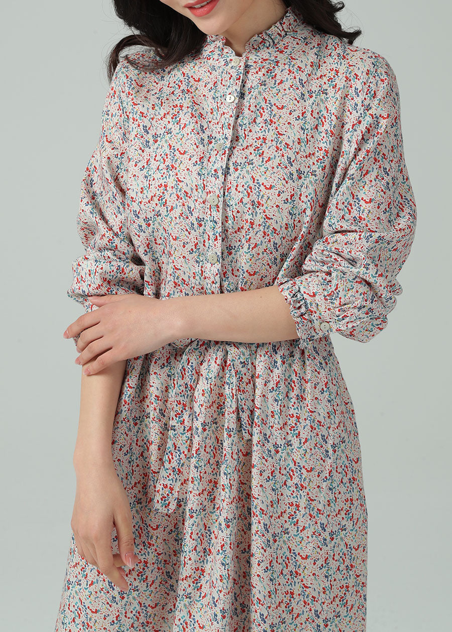 Pure Linen Floral Print Long Sleeve Stand Collar Dress