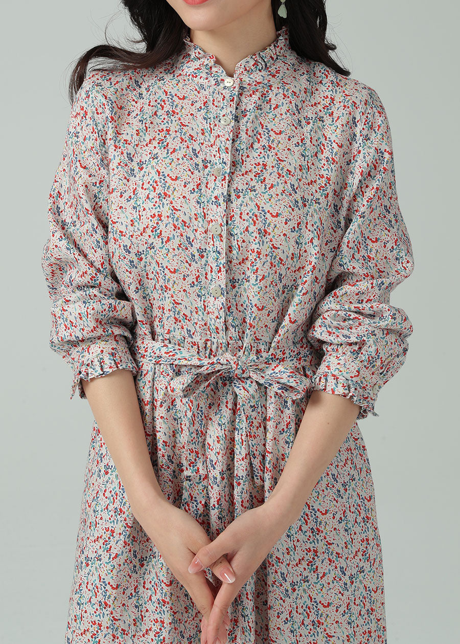 Pure Linen Floral Print Long Sleeve Stand Collar Dress