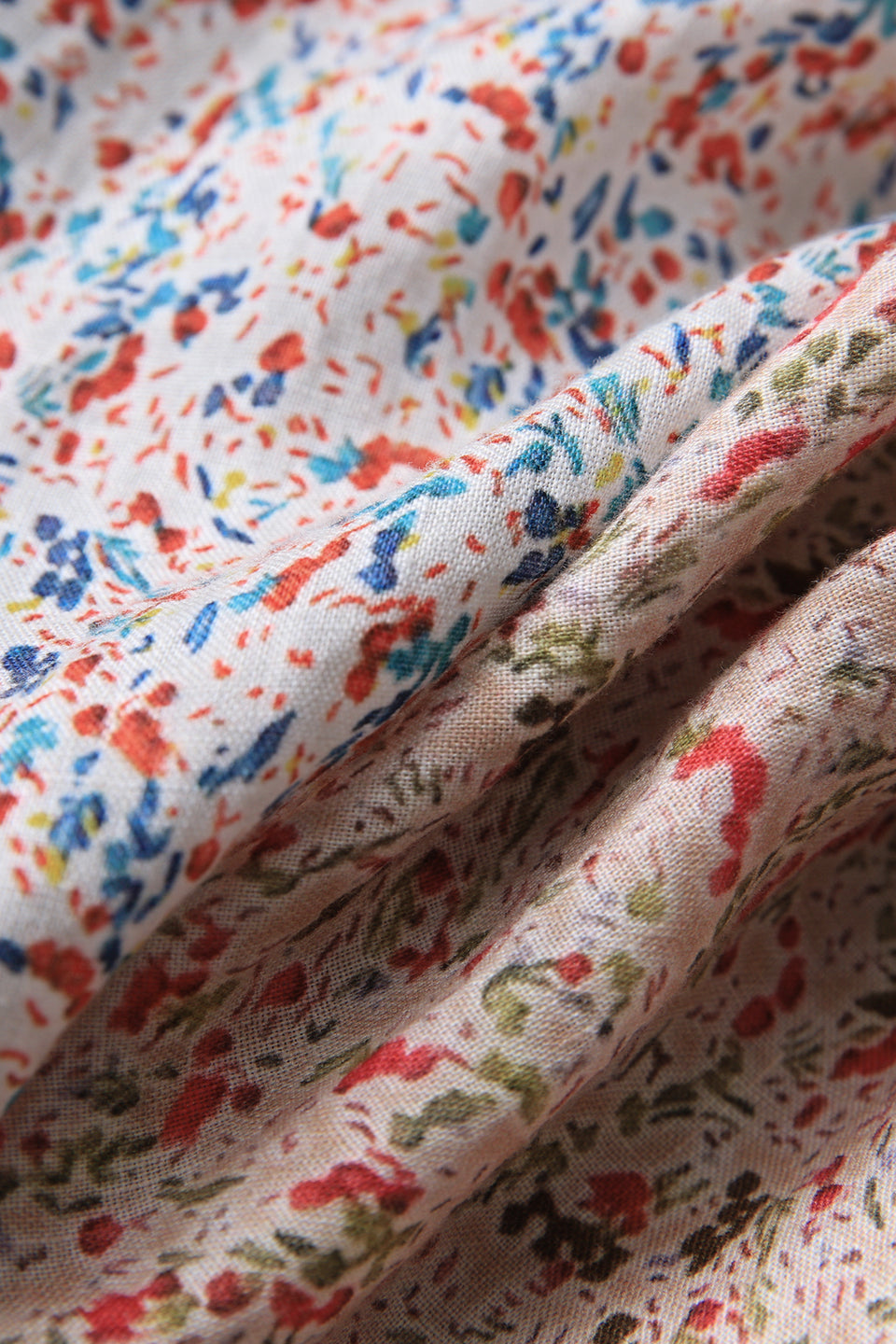 Pure Linen Printed V Neck Long Cardigan Ruffle Hem Dress