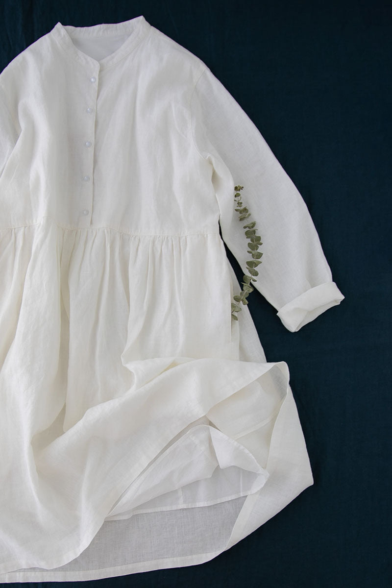 Washed pure linen stand collar long-sleeved loose muslin lined dress