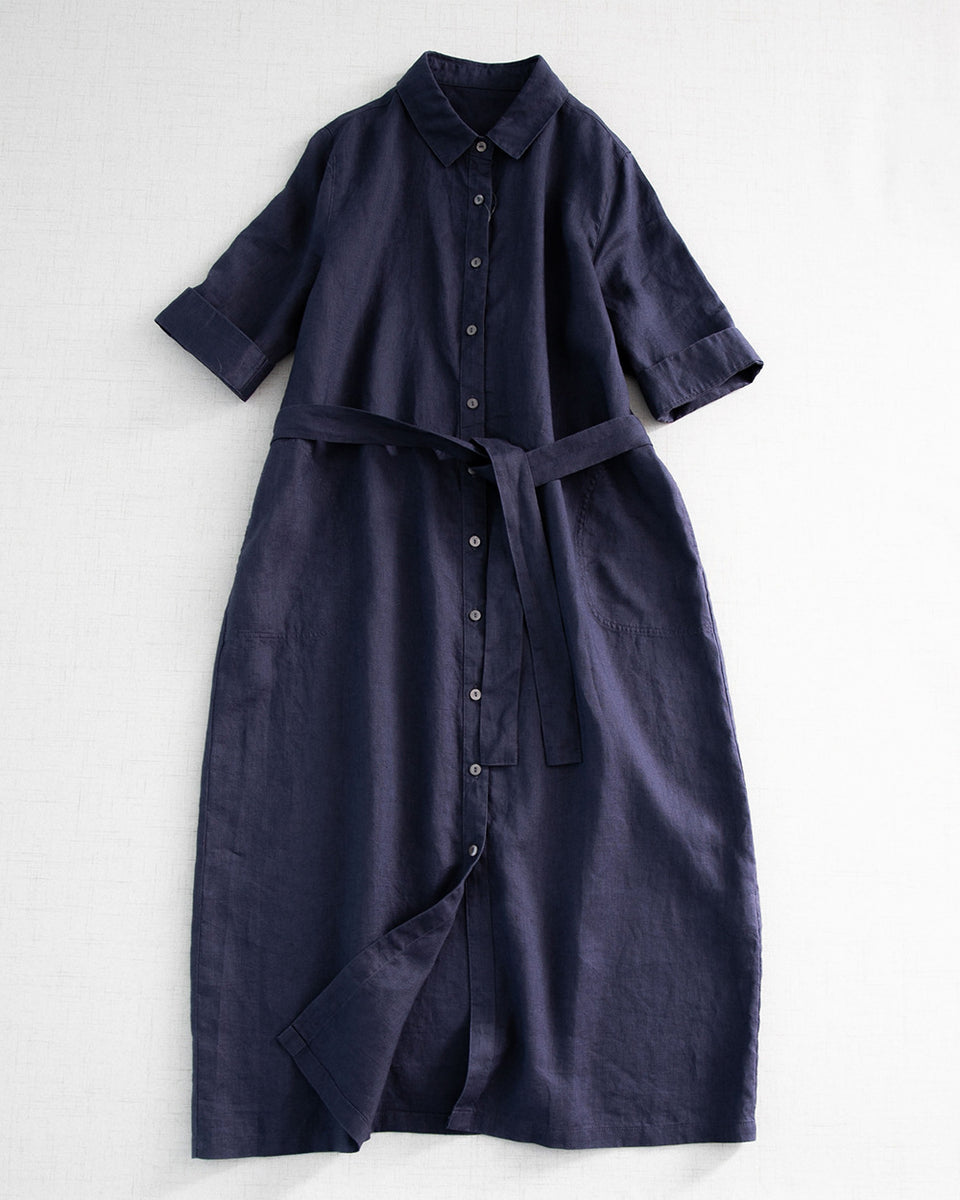 Pure linen loose fit long short-sleeved belted shirt dress