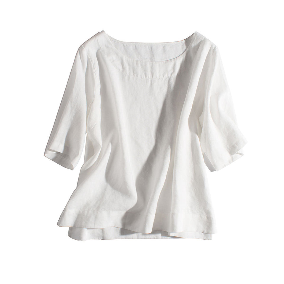 Pure linen pure color round neck half sleeves shirt