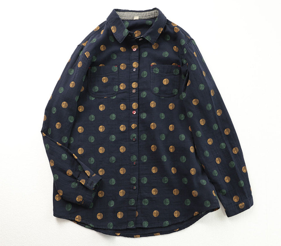 Double-layer pure cotton printed long-sleeved lapel shirt