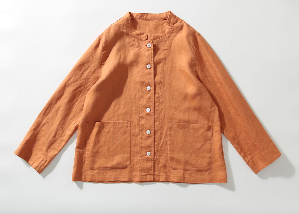 Pure linen autumn pure colour stand collar cardigan shirt