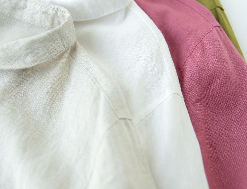 Pure Linen Round Collar Long Sleeve Shirt