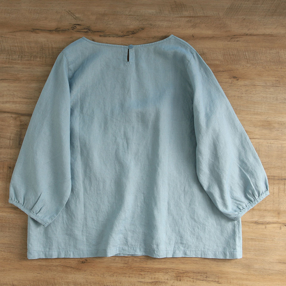 Pure linen embroidered three quarter sleeve shirt