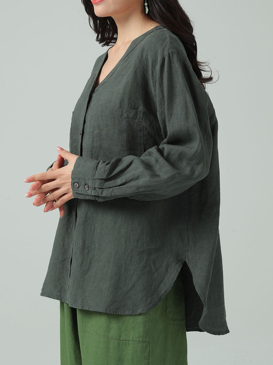 Stone washed pure linen loose fit V-neck cardigan