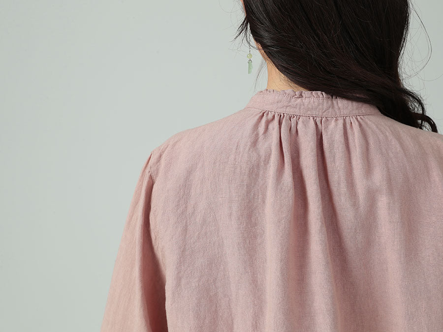 Stone-washed pure linen ruffle stand-up collar long-sleeved shirt