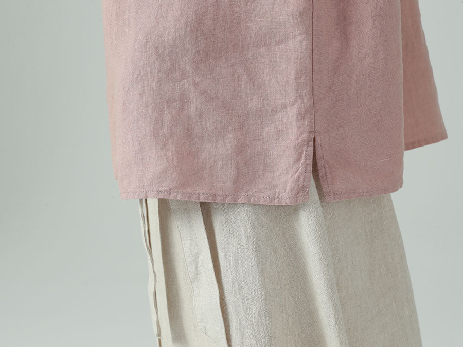 Stone-washed pure linen ruffle stand-up collar long-sleeved shirt