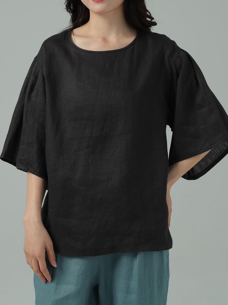Pure linen washed linen wide-sleeve pullover top