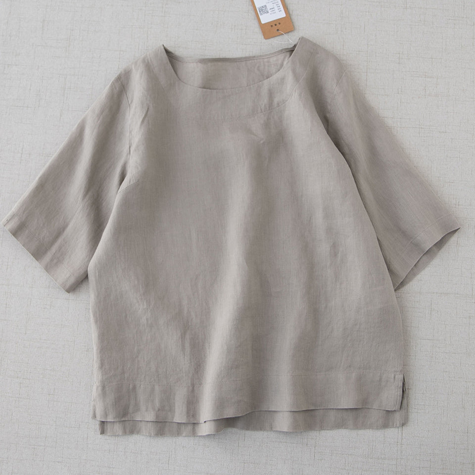 Pure linen simple all-match round neck T-shirt