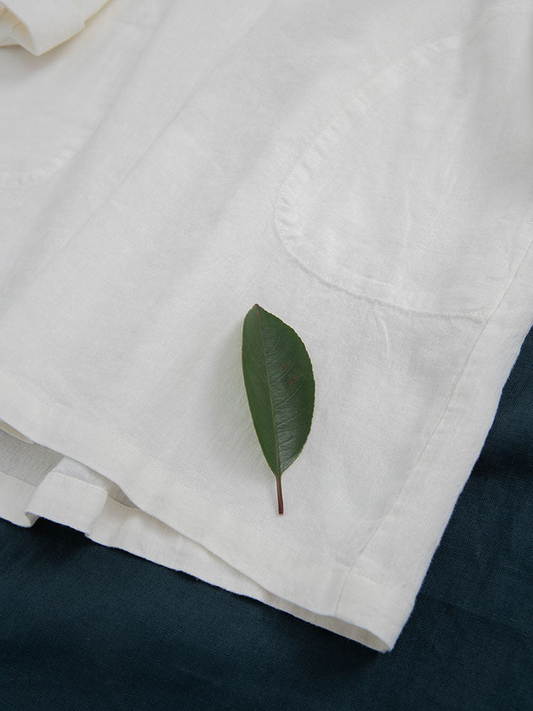 Stone-washed pure linen round-neck one-button mid-length shirt