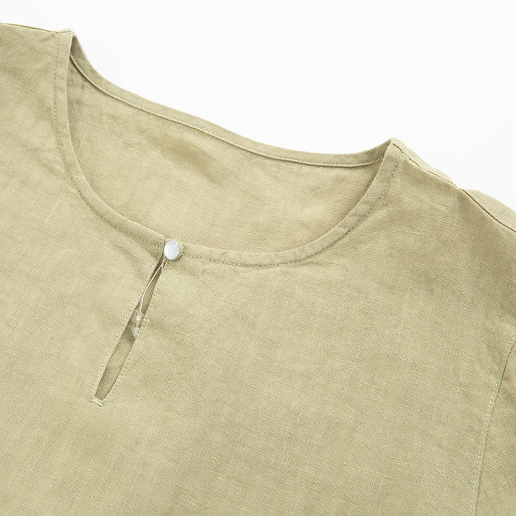 Stone-washed pure linen round-neck one-button mid-length shirt