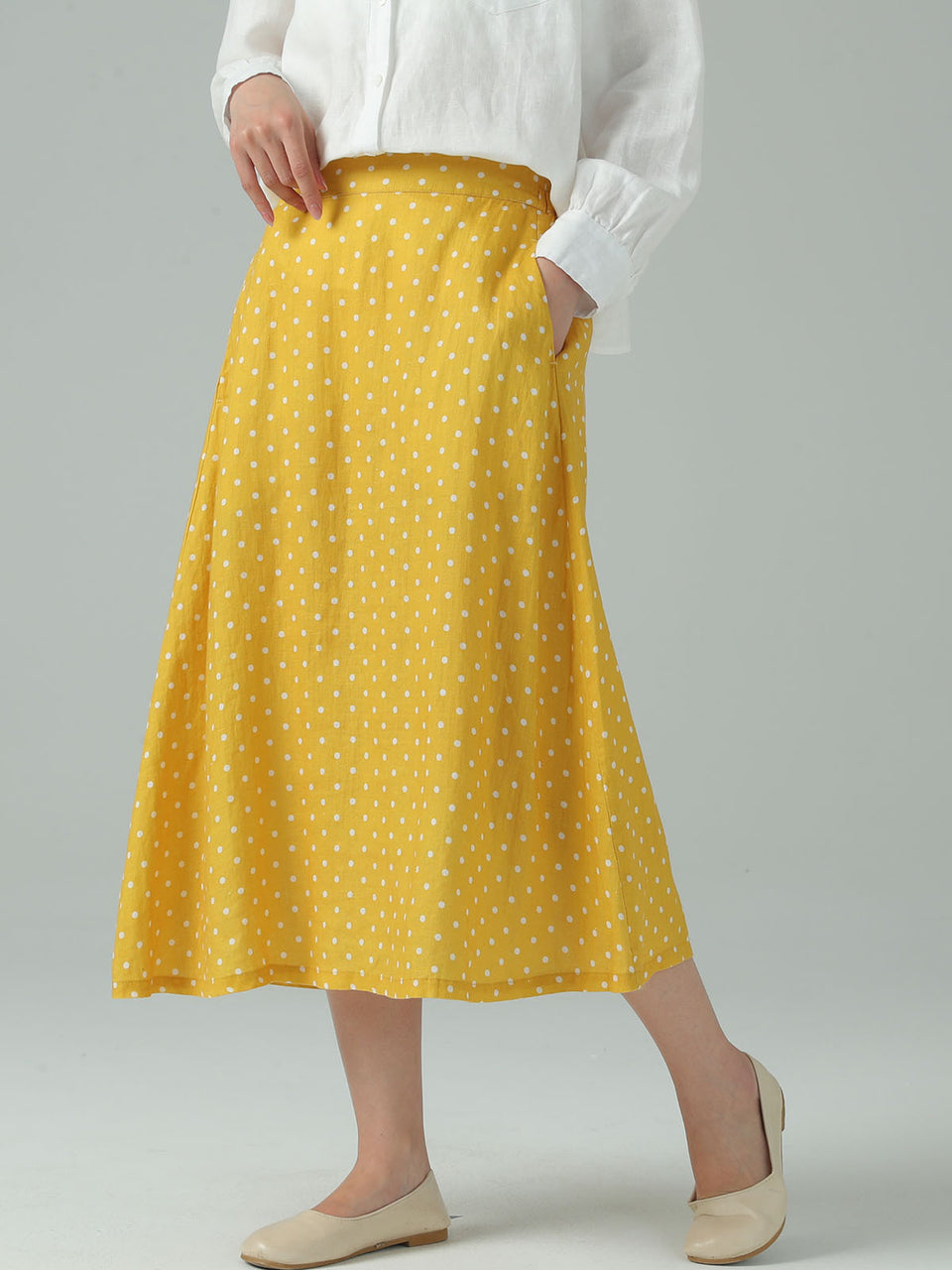 Pure Linen A-Line Polka Dot Print Skirt