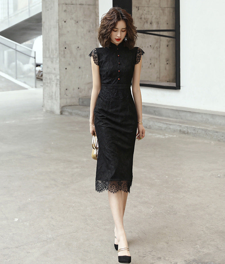 Retro improved cheongsam lace mid-length black dress