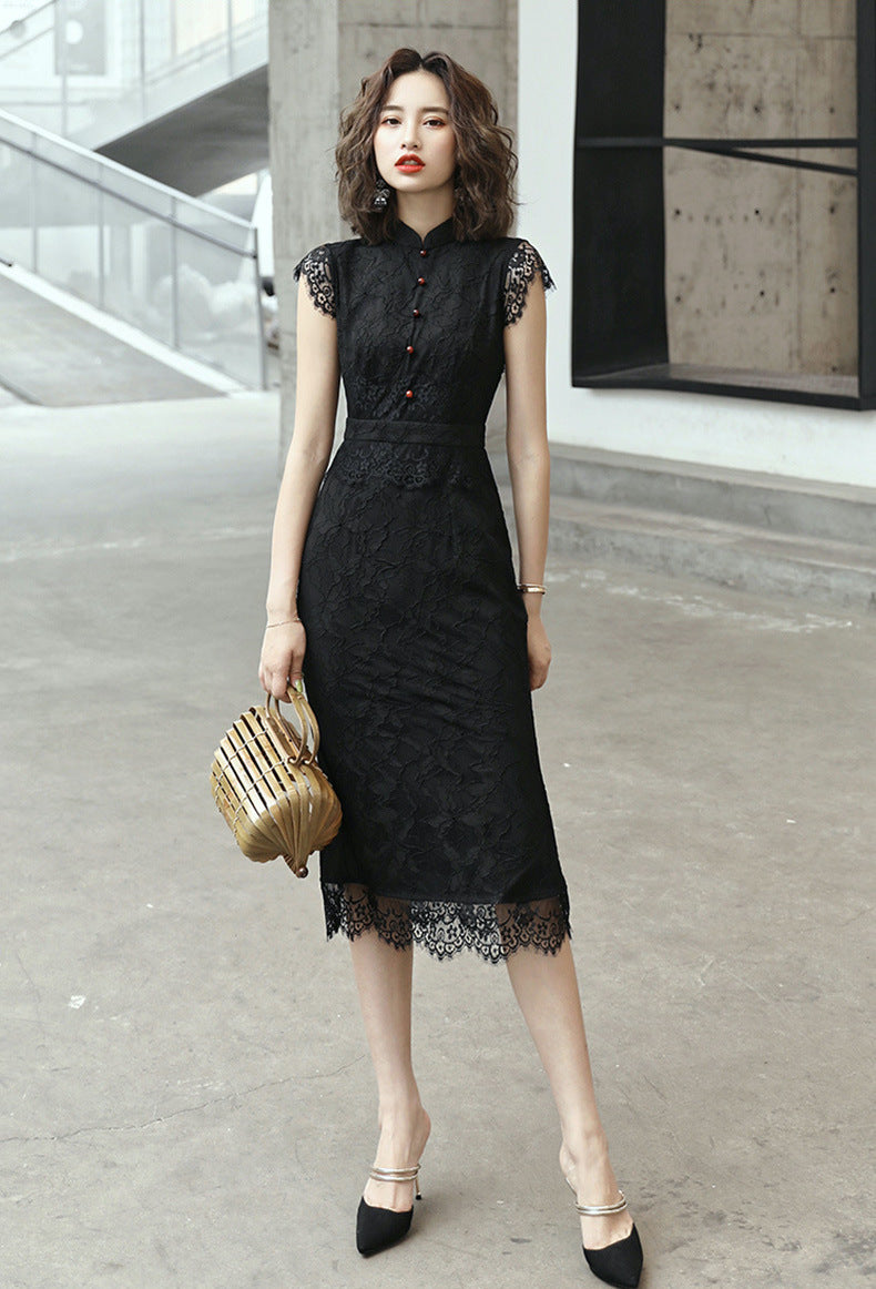 Retro improved cheongsam lace mid-length black dress
