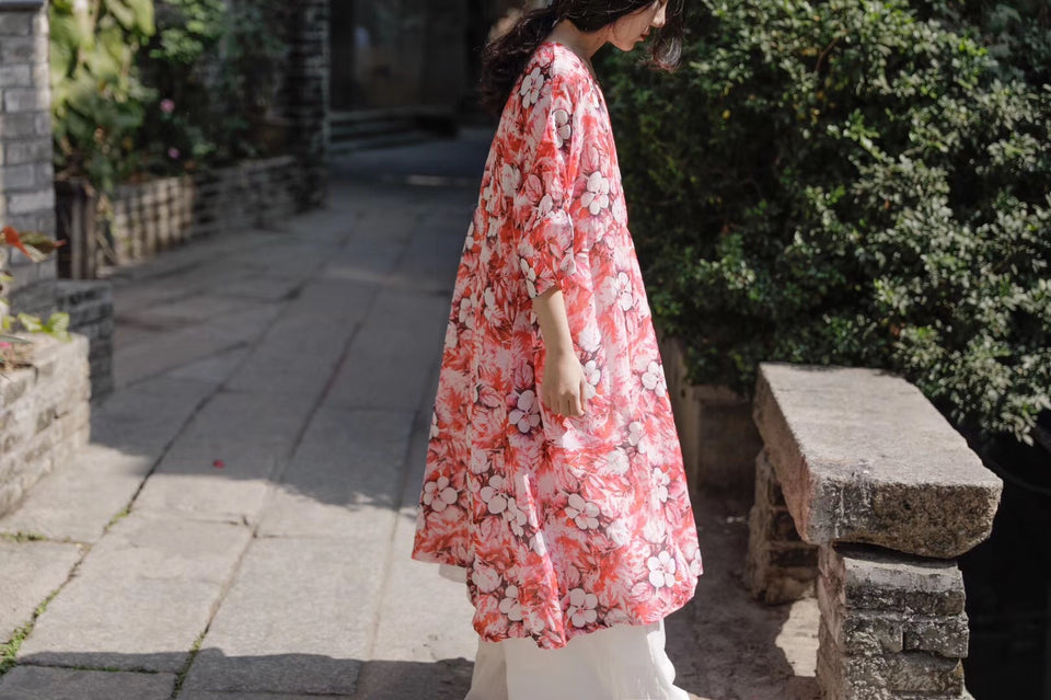 Pure ramie printed floral round neck drop shoulder retro dress