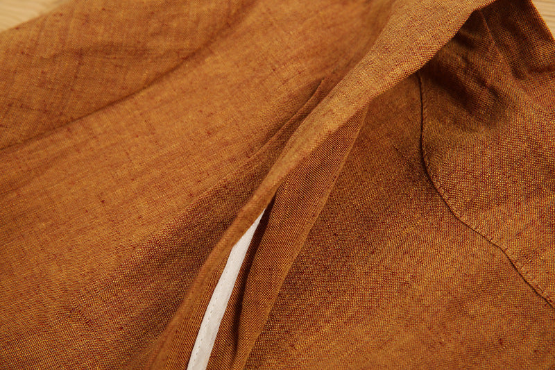Yarn-dyed linen V-neck hand-embroidered A-line belt dress