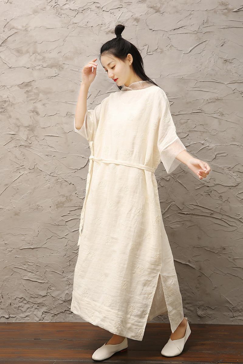 Linen full-embroidered mori patched petal collar drop-shoulder robe dress